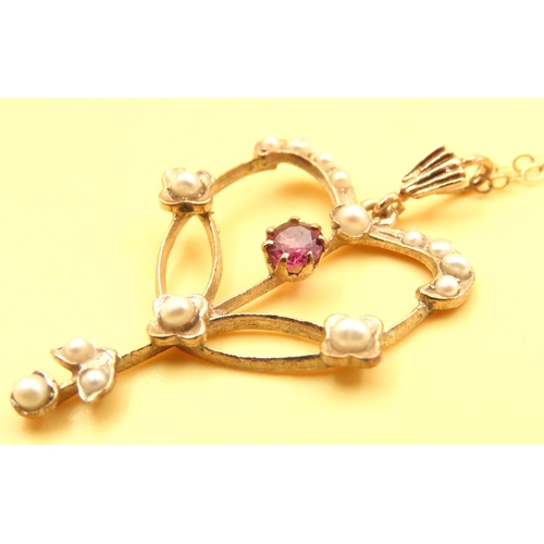169 - Ruby and Pearl Set Ladies Pendant Necklace Mounted in 9 Carat Yellow Gold Further Set on 9 Carat Yel... 