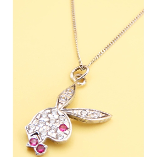 18 - Ruby and Gem Playboy Logo Pendant 3cm Drop Mounted on 9 Carat White Gold Chain 45cm Long