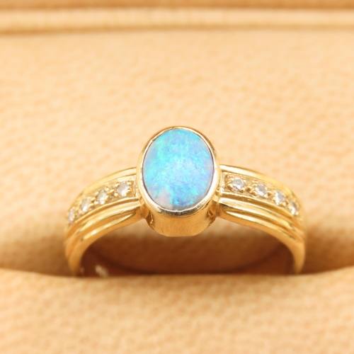 187 - Opal and Diamond Ladies Ring Mounted on 18 Carat Yellow Gold Band with Diamond Inset Shoulders Ring ... 