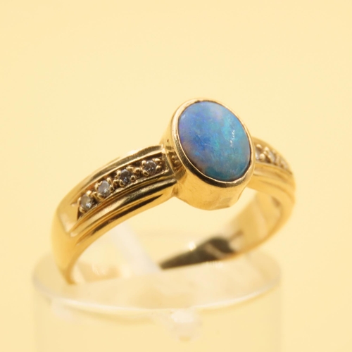 187 - Opal and Diamond Ladies Ring Mounted on 18 Carat Yellow Gold Band with Diamond Inset Shoulders Ring ... 