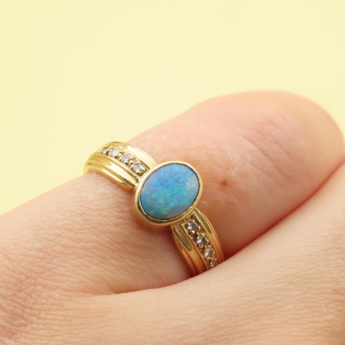 187 - Opal and Diamond Ladies Ring Mounted on 18 Carat Yellow Gold Band with Diamond Inset Shoulders Ring ... 