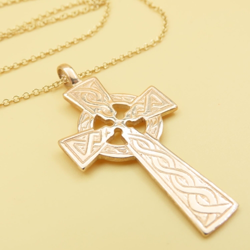 191 - 9 Carat Yellow Gold Celtic Cross Pendant Necklace Mounted on 9 Carat Yellow Gold Chain Pendant 5cm H... 