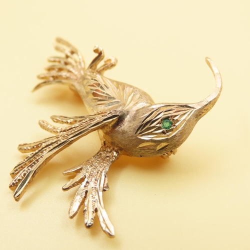 192 - Kingfisher Motif 9 Carat Yellow Gold Ladies Brooch Emerald Set Finely Detailed 4cm Wide