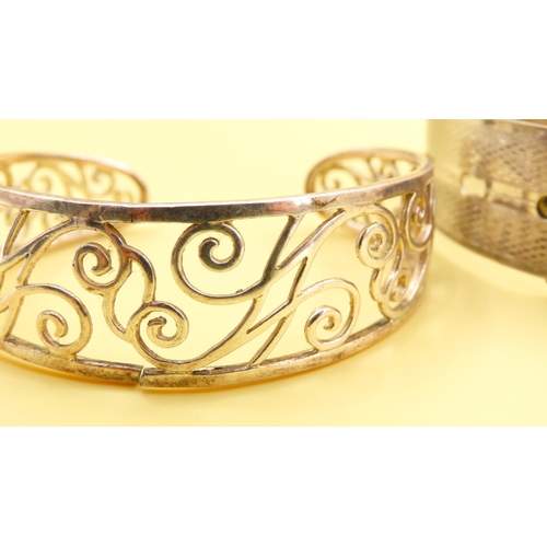 199 - Two Bangles One Bracelet Form with Clasp and Other Cuff Form Open Fret Decoration 6cm and 6.5cm Inne... 