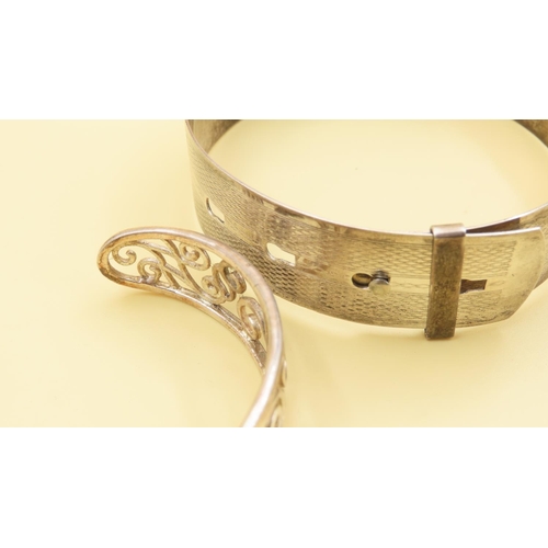 199 - Two Bangles One Bracelet Form with Clasp and Other Cuff Form Open Fret Decoration 6cm and 6.5cm Inne... 