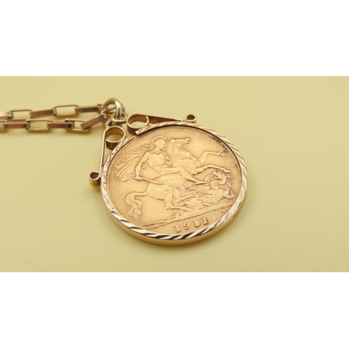 203 - 1911 Half Sovereign Pendant Mounted in 9 Carat Yellow Gold Further Set on 9 Carat Yellow Gold Chain ... 