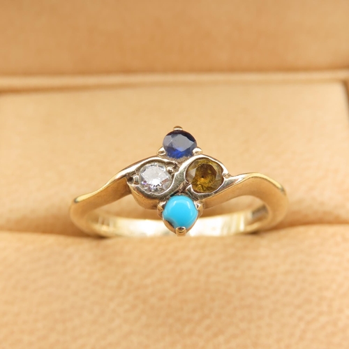 204 - Four Stone Sapphire Diamond Citrine and Turquoise Ring Mounted on 9 Carat Yellow Gold Ring Size P