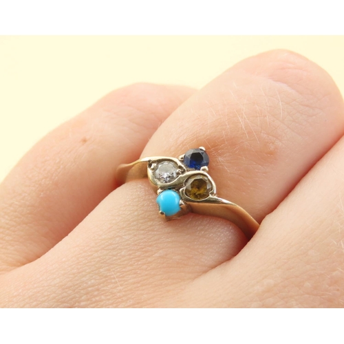 204 - Four Stone Sapphire Diamond Citrine and Turquoise Ring Mounted on 9 Carat Yellow Gold Ring Size P