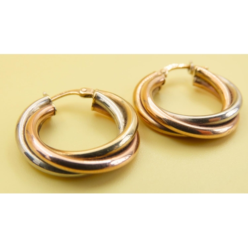 206 - Pair of 9 Carat Yellow White and Rose Gold Trinity Earrings Each 2cm Diameter