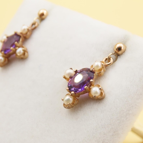 219 - Pair of Amethyst and Pearl Set Ladies Earrings Mounted in 9 Carat Yellow Gold Each 1.5cm High