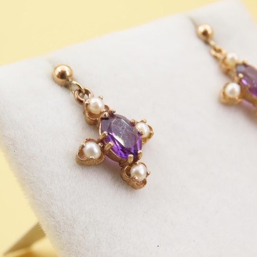 219 - Pair of Amethyst and Pearl Set Ladies Earrings Mounted in 9 Carat Yellow Gold Each 1.5cm High