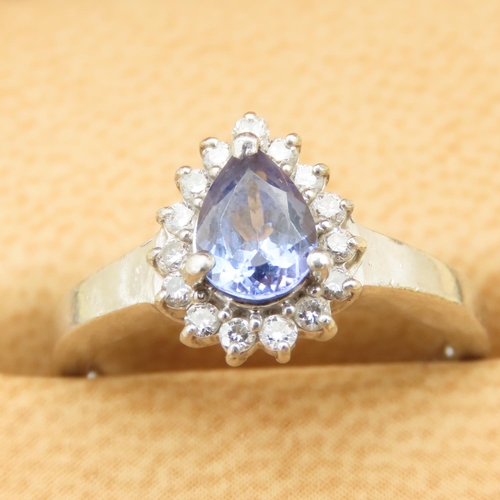 22 - Tanzanite Pear Cut and Diamond Cluster Ring Set on 18 Carat White Gold Band Size K