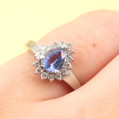 22 - Tanzanite Pear Cut and Diamond Cluster Ring Set on 18 Carat White Gold Band Size K