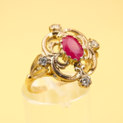 224 - Ruby and Diamond Set Ladies Ring Mounted on 9 Carat Yellow Gold Band Attractively Detailed Ring Size... 