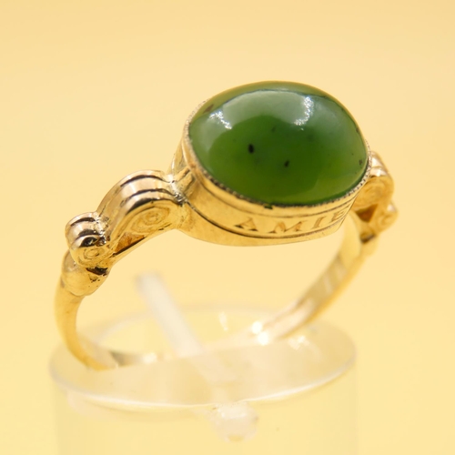 227 - Jade Cabochon Polished Oval Cut Centre Stone Ring Mounted on 9 Carat Yellow Gold Band Ring