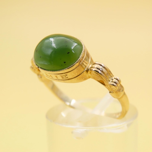 227 - Jade Cabochon Polished Oval Cut Centre Stone Ring Mounted on 9 Carat Yellow Gold Band Ring