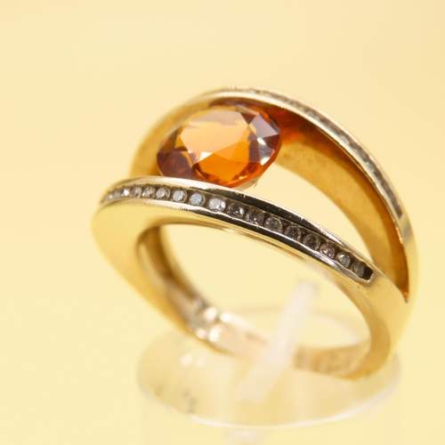 230 - Cognac Citrine Centre Stone Ring Diamond Decorated Band 9 Carat Yellow Gold Ring Size O