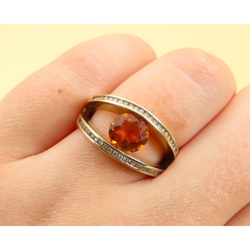 230 - Cognac Citrine Centre Stone Ring Diamond Decorated Band 9 Carat Yellow Gold Ring Size O