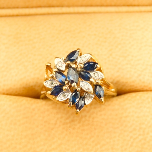 238 - Sapphire and Diamond Set 9 Carat Yellow Gold Ladies Cluster Ring Size O