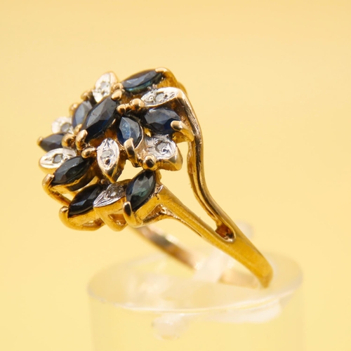 238 - Sapphire and Diamond Set 9 Carat Yellow Gold Ladies Cluster Ring Size O