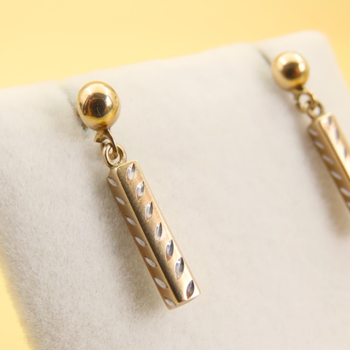 240 - 9 Carat Yellow Gold Ingot Form Drop Earrings with White Gold Detail 2cm Drop