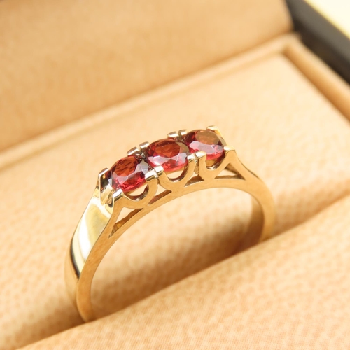 254 - Mozambique Garnet Three Stone Ring Mounted on a 9 Carat Yellow Gold Band Size N