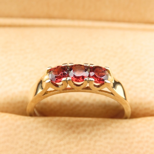 254 - Mozambique Garnet Three Stone Ring Mounted on a 9 Carat Yellow Gold Band Size N