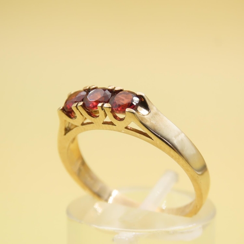 254 - Mozambique Garnet Three Stone Ring Mounted on a 9 Carat Yellow Gold Band Size N