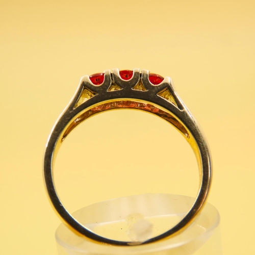 254 - Mozambique Garnet Three Stone Ring Mounted on a 9 Carat Yellow Gold Band Size N