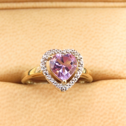 266 - Amethyst Heart Motif Ring with Diamond Halo Setting Mounted on 9 Carat Yellow Gold Band Size N