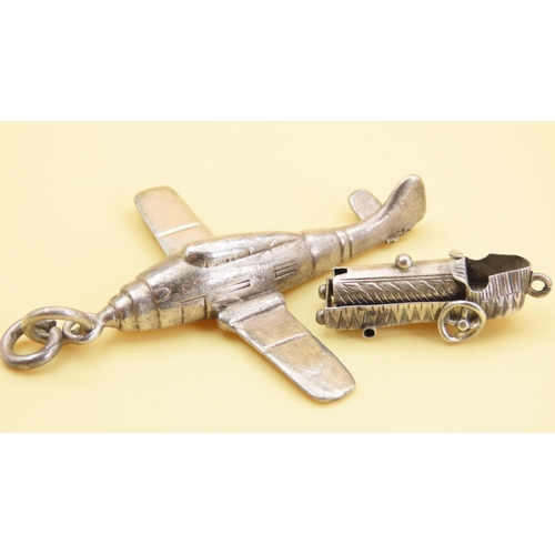 276 - Two Silver Novelty Charms or Pendants Including Aeroplane 5cm High and Bentley Racing Car 3cm Wide