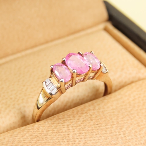 289 - Three Stone Pink Garnet Ring Further Set with Diamonds to Shoulders Mounted on 9 Carat Yellow Gold B... 