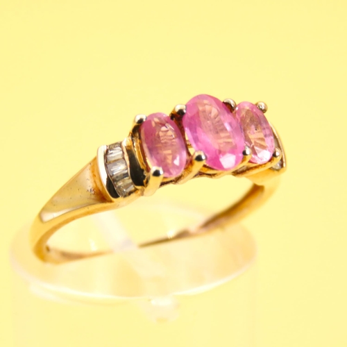 289 - Three Stone Pink Garnet Ring Further Set with Diamonds to Shoulders Mounted on 9 Carat Yellow Gold B... 