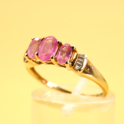 289 - Three Stone Pink Garnet Ring Further Set with Diamonds to Shoulders Mounted on 9 Carat Yellow Gold B... 