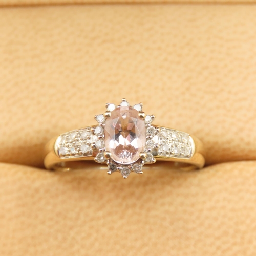 294 - Pale Pink Morganite and Diamond Cluster Ring Mounted on 9 Carat Yellow Gold Band Size Q