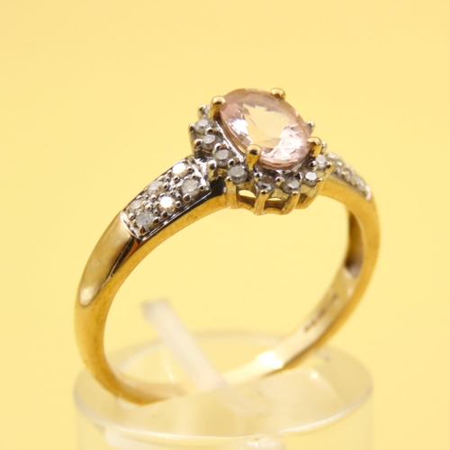 294 - Pale Pink Morganite and Diamond Cluster Ring Mounted on 9 Carat Yellow Gold Band Size Q