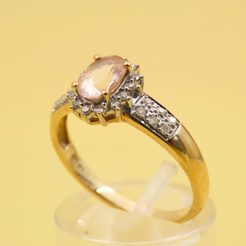 294 - Pale Pink Morganite and Diamond Cluster Ring Mounted on 9 Carat Yellow Gold Band Size Q