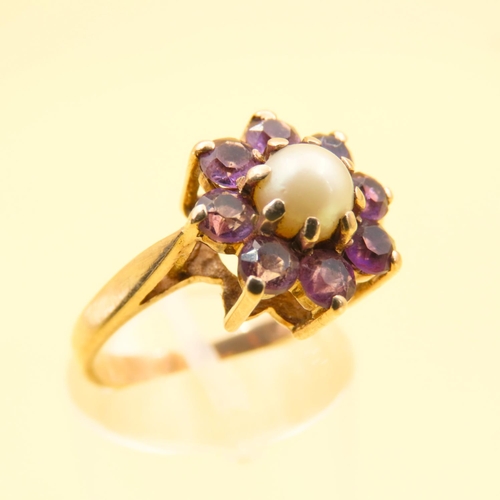 299 - Amethyst and Pearl Flower Motif Ring Mounted on 9 Carat Yellow Gold Band Size M