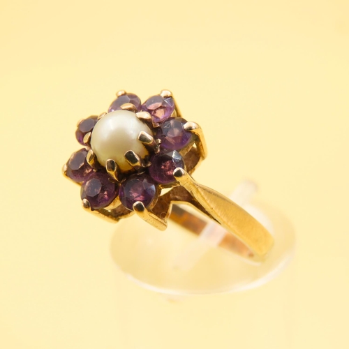 299 - Amethyst and Pearl Flower Motif Ring Mounted on 9 Carat Yellow Gold Band Size M