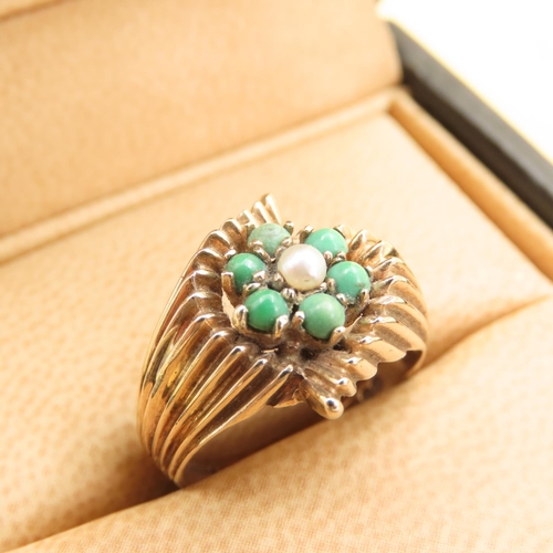 301 - Jade and Pearl Flower Motif Ring Mounted on 9 Carat Yellow Gold Band Attractively Detailed Size L