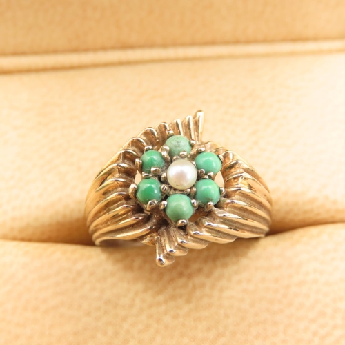 301 - Jade and Pearl Flower Motif Ring Mounted on 9 Carat Yellow Gold Band Attractively Detailed Size L