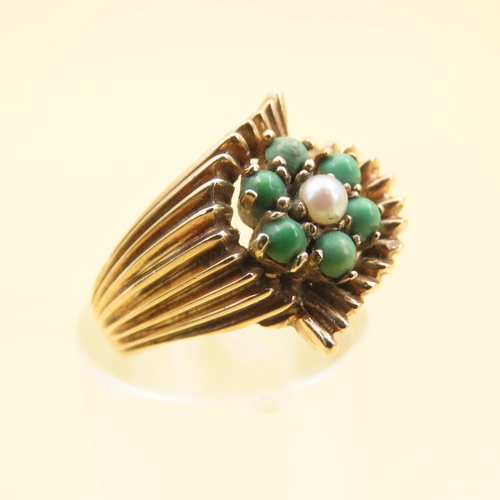 301 - Jade and Pearl Flower Motif Ring Mounted on 9 Carat Yellow Gold Band Attractively Detailed Size L