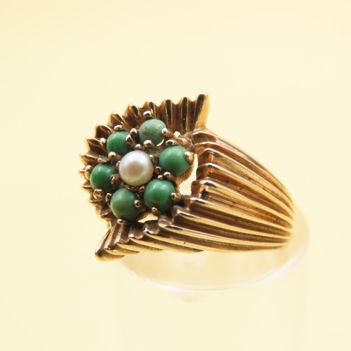 301 - Jade and Pearl Flower Motif Ring Mounted on 9 Carat Yellow Gold Band Attractively Detailed Size L