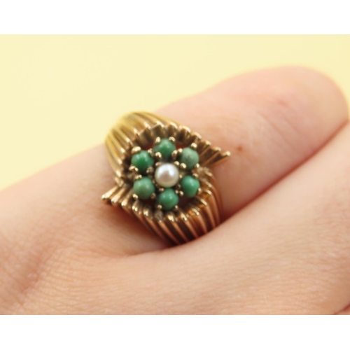 301 - Jade and Pearl Flower Motif Ring Mounted on 9 Carat Yellow Gold Band Attractively Detailed Size L