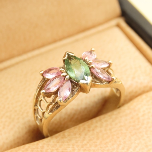 306 - Pink and Green Garnet Ring Mounted on 9 Carat Yellow Gold Band Size N