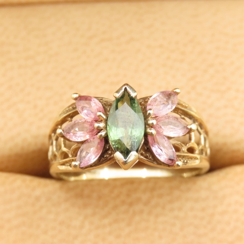 306 - Pink and Green Garnet Ring Mounted on 9 Carat Yellow Gold Band Size N