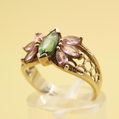 306 - Pink and Green Garnet Ring Mounted on 9 Carat Yellow Gold Band Size N