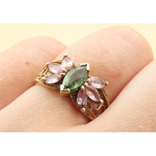 306 - Pink and Green Garnet Ring Mounted on 9 Carat Yellow Gold Band Size N