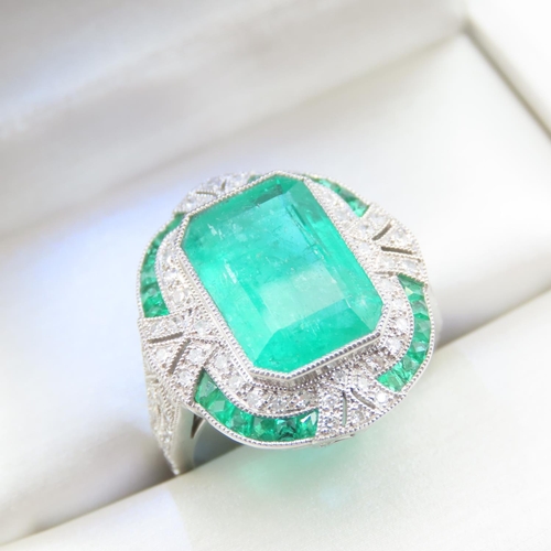 317 - Fine Emerald and Diamond Panel Set Ring Mounted in Platinum Ring Size N and a Half Total Weight 9.1 ... 