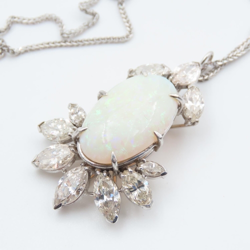 319 - Opal and Diamond Set Pendant Necklace Mounted in 18 Carat White Gold 4cm High Further Set on Platinu... 